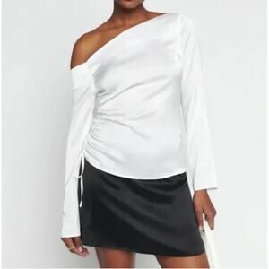 REFORMATION | White Jacquard Satin Allira Asymmetrical Off Shoulder Blouse | 0